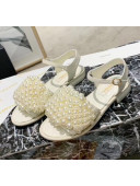 Chanel Calfskin & Pearls Flat Sandals With Strap White 2020