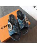 Louis Vuitton Canvas Cross Strap Flat Slide Sandal with Crystal Buckle Blue 2020
