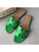 Hermes Oran H Flat Slipper Sandals in Togo Grainy Calfskin Green 03 2021(Handmade)