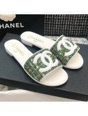 Chanel CC Tweed Flat Slide Sandals G37156 Green 2021