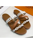 Hermes Leather "Chaine d'Ancre" Straps Ajaccio Slipper Sandal Brown/White 2020