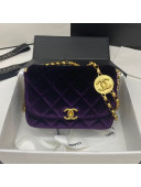Chanel Quilted Velvet Flap Bag with CC Coin Charm AS2222 Purple 202002