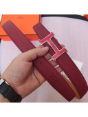 Hermes Leather Reversible Belt 32mm with H Buckle Burgundy/Silver 2019 