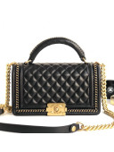 Chanel Chain Trim Quilted Leather Classic Medium Boy Flap Top Handle Bag Black 2019