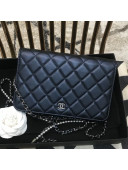 Chanel Pearls Quilted Lambskin Wallet On Chain WOC Blue 2019