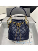 Chanel Quilted Leather Bucket Bag with Metal Button Navy Blue 2020
