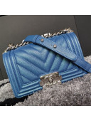 Chanel Iridescent Chevron Grained Leather Classic Small Boy Flap Bag Blue/Silver 2019