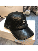 Chanel Quilted Leather-Like Baseball Hat with CC Patch Black 2020