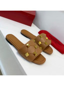 Valentino Roman Stud Flat Slide Sandals in Quilted Nappa Lambskin Light Brown 2021