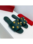 Valentino Roman Stud Flat Slide Sandals in Quilted Nappa Lambskin Green 2021