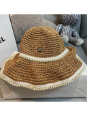 Chanel Straw Pearl Wide Brim Bucket Hat Gold 2021