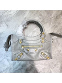 Balenciaga Graffiti Classic Mini City Bag in Crinkle Calfskin with Quilted Gold Hardware Light Grey