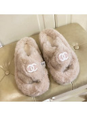 Chanel Fur Thong Flat Slide Sandals Beige 2021 111188