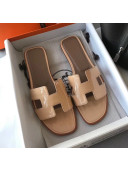 Hermes Patent Calfskin Leather Oran H Flat Slipper Sandals Nude
