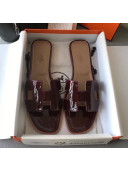 Hermes Patent Calfskin Leather Oran H Flat Slipper Sandals Burgundy/Apricot