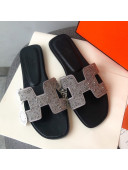Hermes Oran Crystal Suede Slide Sandal Silver 2021 07