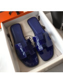 Hermes Patent Calfskin Leather Oran H Flat Slipper Sandals Electric Blue 02
