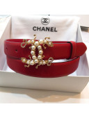 Chanel Leather Belt with Pearls CC Buckle 25mm Red