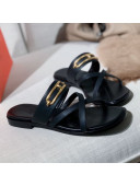 Hermes Claire Cross Strap Flat Sandals Black 2021
