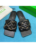 Bottega Veneta Leather Chain Woven Flat Slide Sandals Black 2021