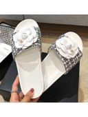 Chanel Tweed Camellia Flat Slide Sandal Black/White 2020