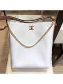 Chanel Quilted Leather Bucket Bag with Striped Fabric Side AS0666 White 2019