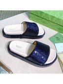 Gucci Sequins Platform Slide Sandal 573018 Navy Blue 2021