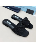Prada Crystal Flat Slide Sandals Black 2022 72