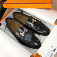 Hermes Royal Fringe Lambskin Flat Loafers Black 2020