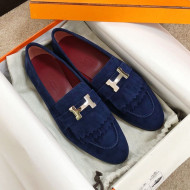 Hermes Royal Fringe Suede Flat Loafers Blue 2020