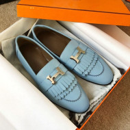 Hermes Royal Fringe Lambskin Flat Loafers Light Blue 2020