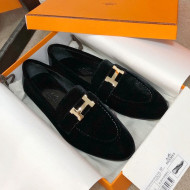Hermes Paris Suede Flat Loafers Black 2020