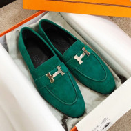 Hermes Paris Suede Flat Loafers Green 2020