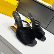 Fendi First Mink Fur F Heel Slide Sandals 8cm Black 2021 