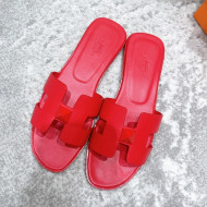 Hermes Oran One Stud H Flat Slide Sandals in Smooth Leather Red 2021 