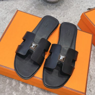 Hermes Oran One Stud H Flat Slide Sandals in Smooth Leather Black/Silver 2021 