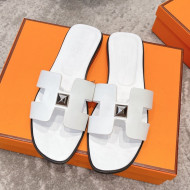 Hermes Oran One Stud H Flat Slide Sandals in Smooth Leather White/Silver 2021 