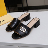 Fendi Stone Embossed Leather Slide Sandals 4cm Black 2022
