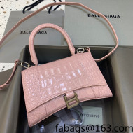 Balenciaga Hourglass Small Top Handle Bag in Shiny Crocodile Leather Powder Pink 2021