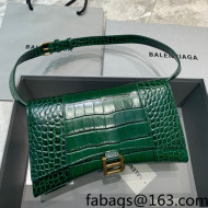 Balenciaga Hourglass Sling Shoulder Bag in Shiny Crocodile Embossed Calfskin Dark Green 2021