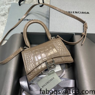 Balenciaga Hourglass Mini Top Handle Bag  in Shiny Crocodile Leather Dark Beige/Silver 2022