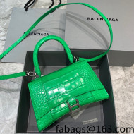 Balenciaga Hourglass Small Top Handle Bag  in Shiny Crocodile Leather Bright Green/Silver 2022
