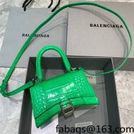 Balenciaga Hourglass Mini Top Handle Bag  in Shiny Crocodile Leather Bright Green/Silver 2022
