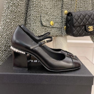 Chanel Shiny Calfskin Pearl Heel Mary Janes Pumps 7.5cm Black 2022