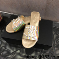 Chanel Iridescent Calfskin Pearl CC Flat Slide Sandals Gold 2022 032207
