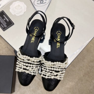 Chanel Lambskin Pearl Bead Charm Sandals 2cm Black 2022