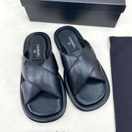 Chanel Lambskin Crossover Strap Flat Slide Sandals Black 2022 032534