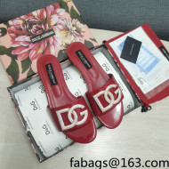 Dolce & Gabbana Patent Leather Crystal DG Flat Slide Sandals Burgundy 2022