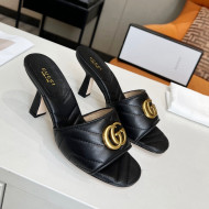 Gucci Diagonal Leather Medium Heel Slide Sandals with Double G Black 2022 
