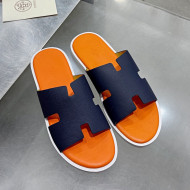 Hermes Men's Izmir Palm-Grained Leather Flat Slide Sandals Dark Blue/Orange 2021 41